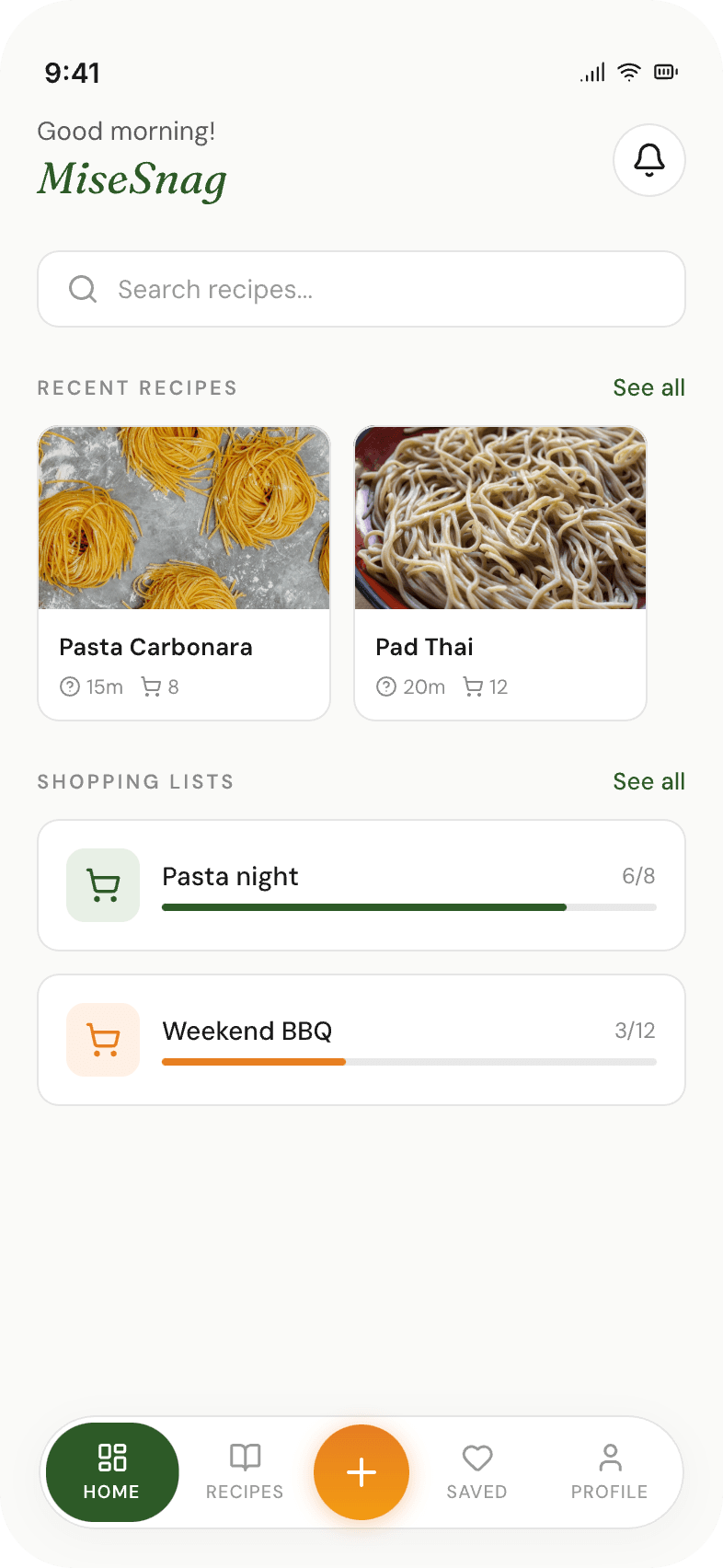 MiseSnag app home screen